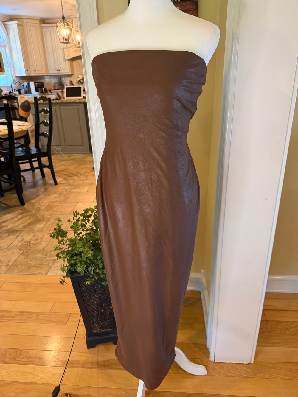 Naked Wardrobe Brown Faux Leather Strapless Tube Midi Dress Size XL